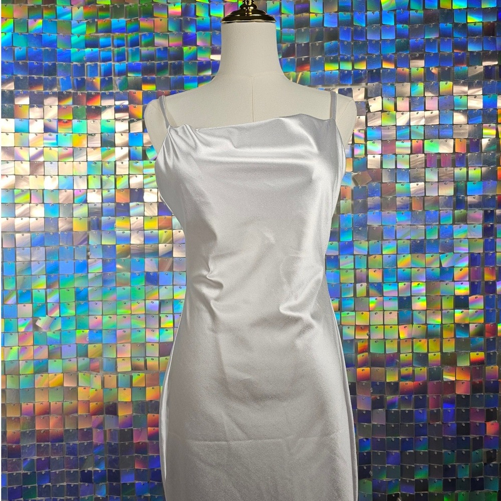 xxxtiicatt Silver Satin Cowl Neck Slip Midi‎ Dress Spaghetti Strap Side Slit